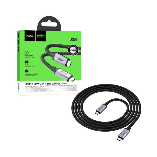 Cabo Hoco US06 Tipo-C para Tipo-C USB3.2 20GBPS 100W 2m Preto